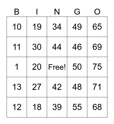 Number Bingo 1-75 Bingo Card