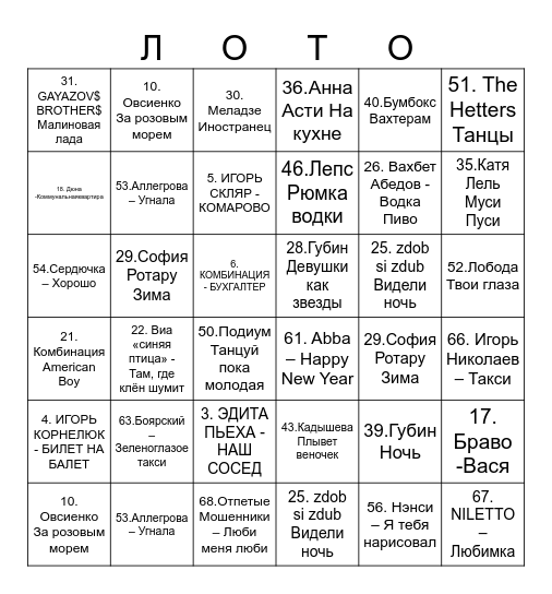 МУЗЫКАЛЬНОЕ Bingo Card