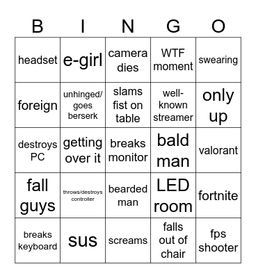 gamer rage bingo Card