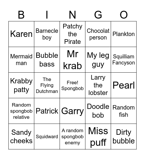 Spongbob characters Bingo Card