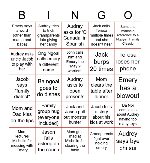 Christmas Family Bingo Card