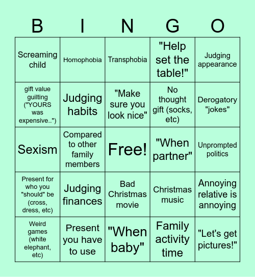 Negative Christmas Time Bingo Card