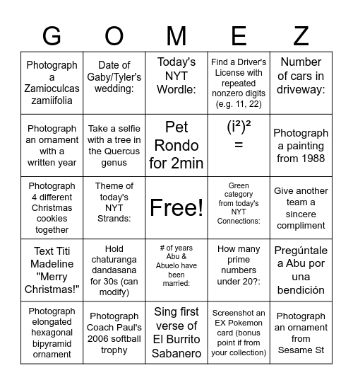 Gomez Bingo 2024 Bingo Card