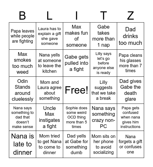 Christmas BLITZEN Bingo Card