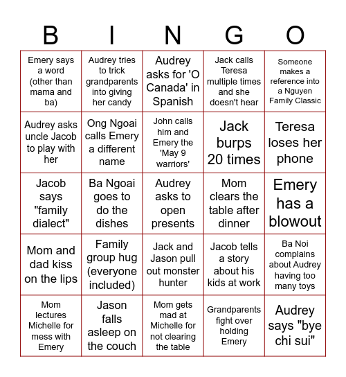 Christmas Family Bingo Card