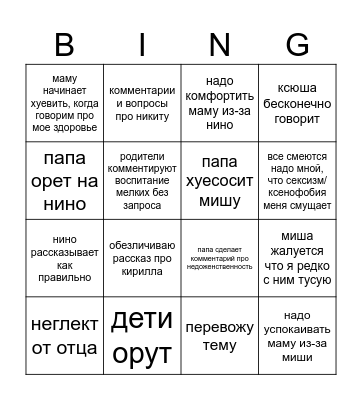 Dysfunctional family holidays Bingo Card