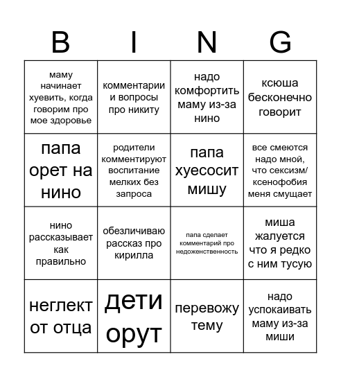 Dysfunctional family holidays Bingo Card