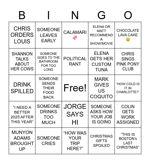 Xmas Eve 2024 Bingo Card