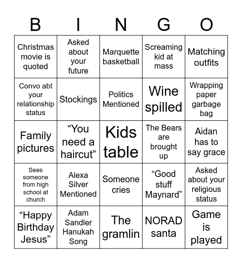 Christmas Eve Bingo Card