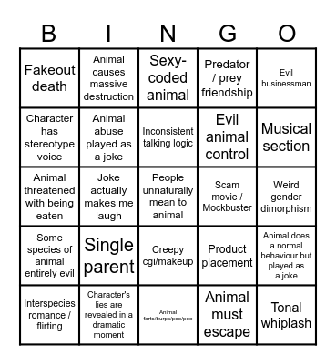 Animal Movie Bingo Card
