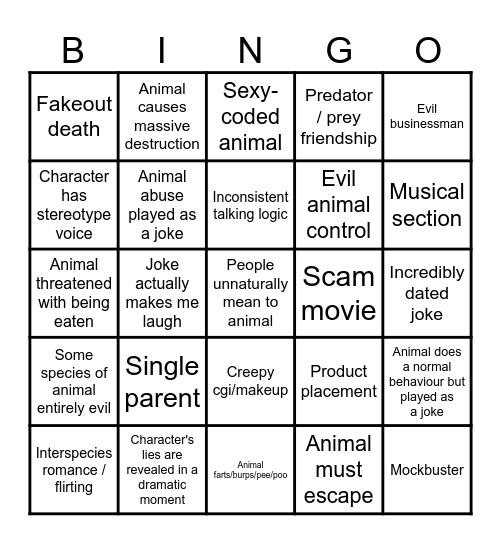 Animal Movie Bingo Card