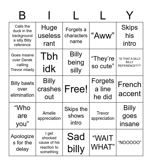 Silly Billy ep3 reaction bingo Card