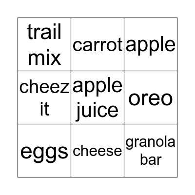 Nutrition Facts Bingo Card