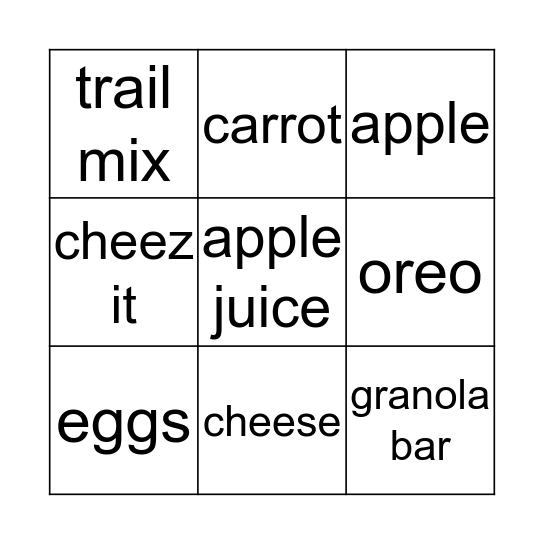 Nutrition Facts Bingo Card