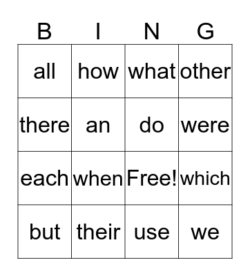 sight words Bingo Card