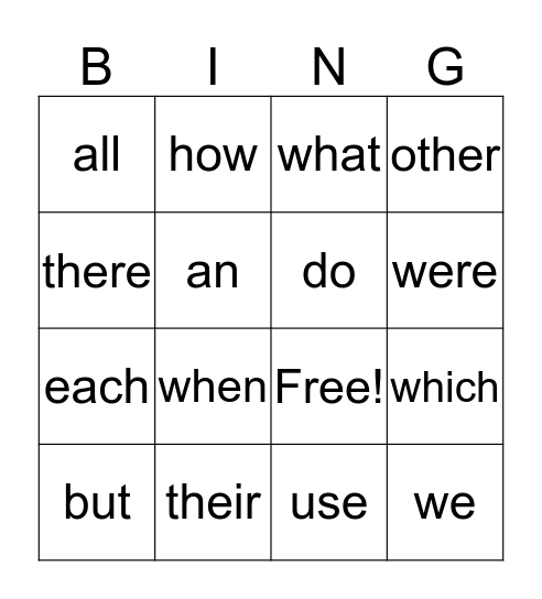 sight words Bingo Card