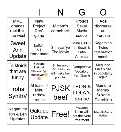 Vocaloid Bingo for 2025 Bingo Card