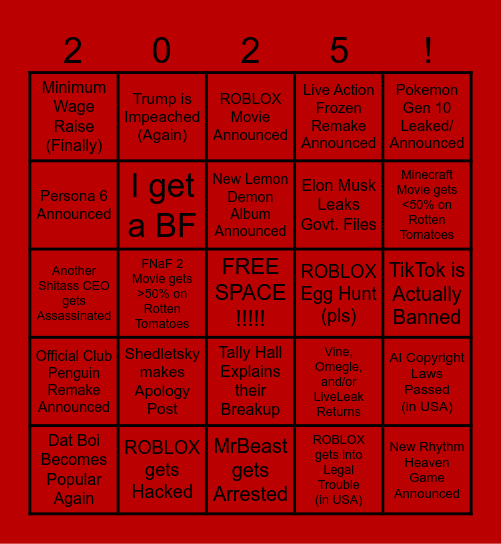 Grace's 2025 Bingo Card