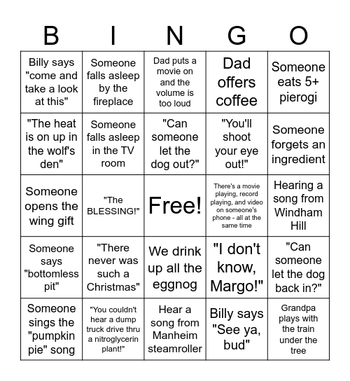 Krizek Family Christmas Bingo Card