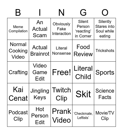 YouTube Shorts Bingo Card