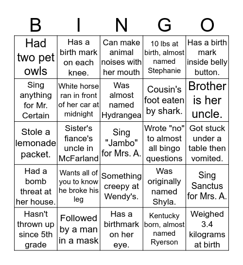 Bass Lake Bingo Card