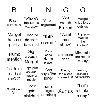 Family Xmas Bingo Card