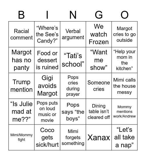 Family Xmas Bingo Card