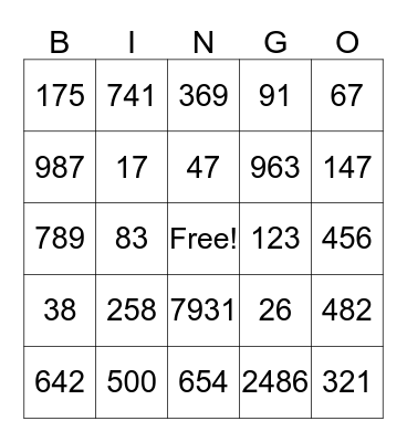 NUMEROS GRANDES Bingo Card