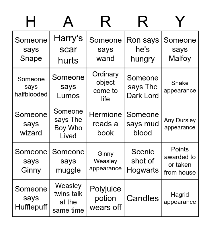 Harry Potter And The Sorcerer's Stone Bingo Card