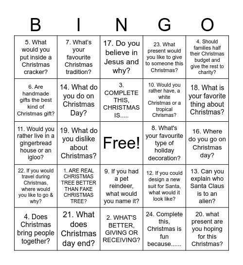 CHRISTMAS QUESTIONS Bingo Card