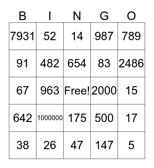 NUMEROS GRANDES Bingo Card