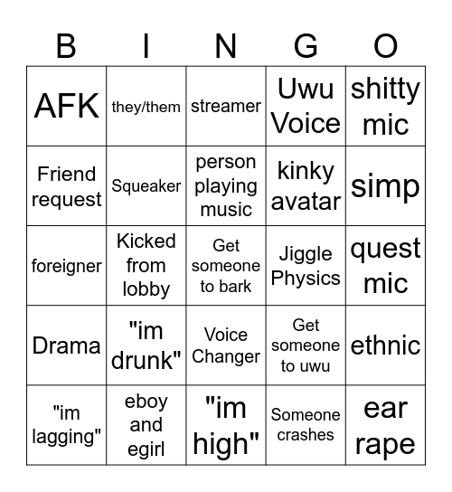 VR Chat Drunk Bingo Card