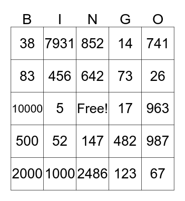 NUMEROS GRANDES Bingo Card