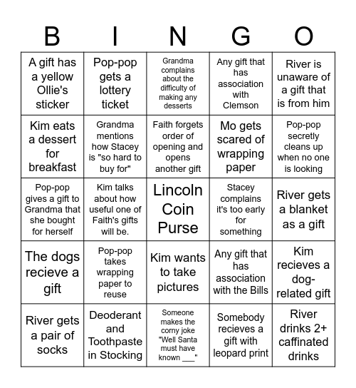 Family Christmas Bingo Card