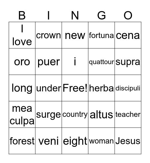 Latin Bingo Card