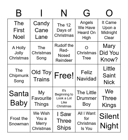 Holiday Music Bingo Card