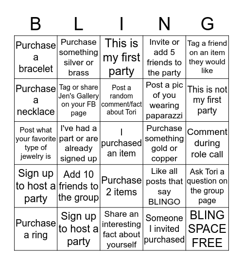 Tori's BLINGO Party Bingo Card