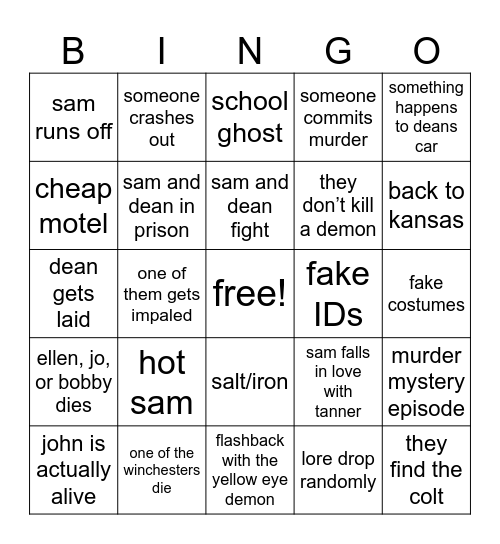 Supernatural S2 Bingo Card