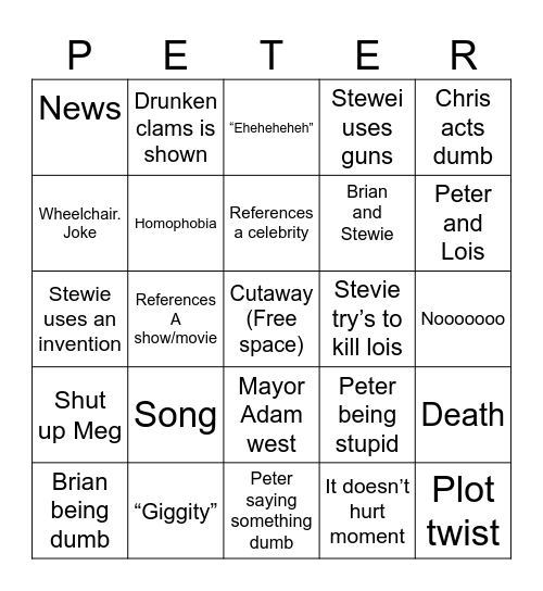 Family guy Bingo Card