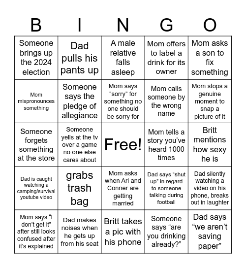 Holiday Chaos Bingo: Parents and Uncle Edition Bingo Card