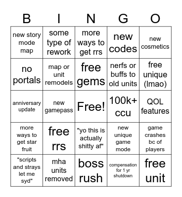 Anime Adventures Rerelease Bingo Card