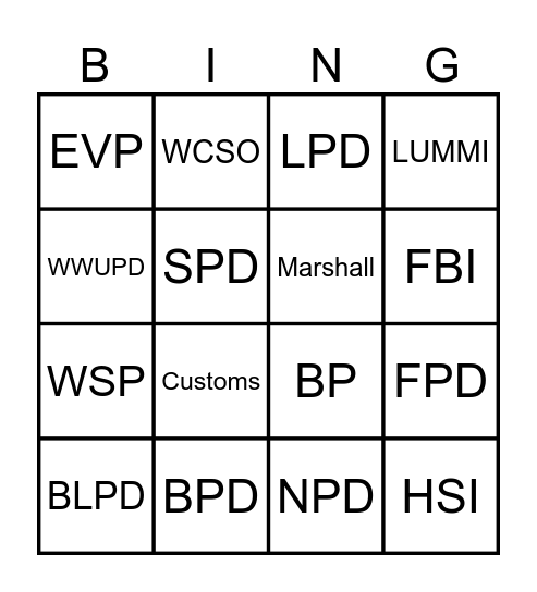Law Enforcment Bingo Card