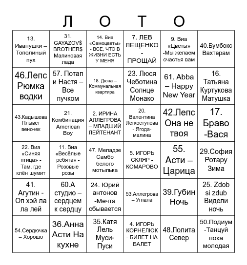 МУЗЫКАЛЬНОЕ Bingo Card