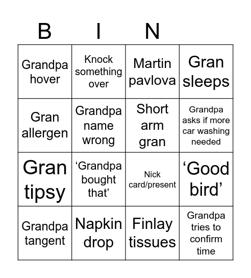 Grandparent Bingo Card