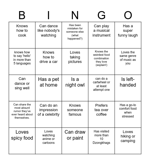 Find a Friend Bingo Card