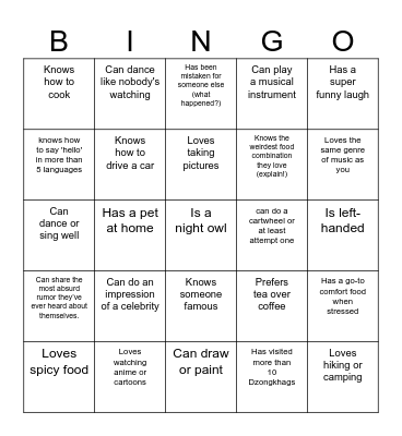 Find a Friend Bingo Card