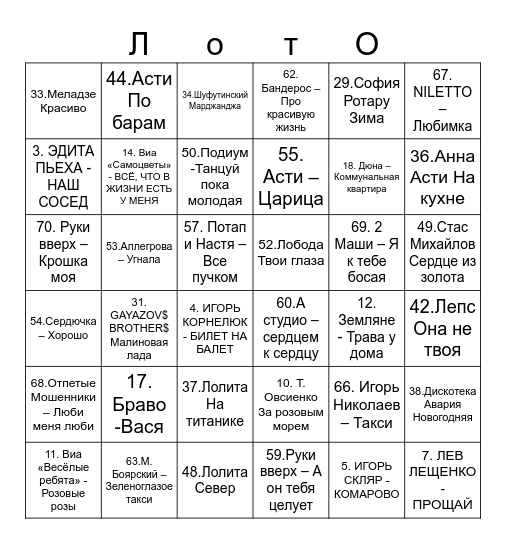 МУЗЫКАЛЬНОЕ Bingo Card