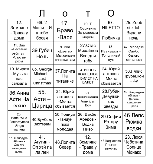 МУЗЫКАЛЬНОЕ Bingo Card