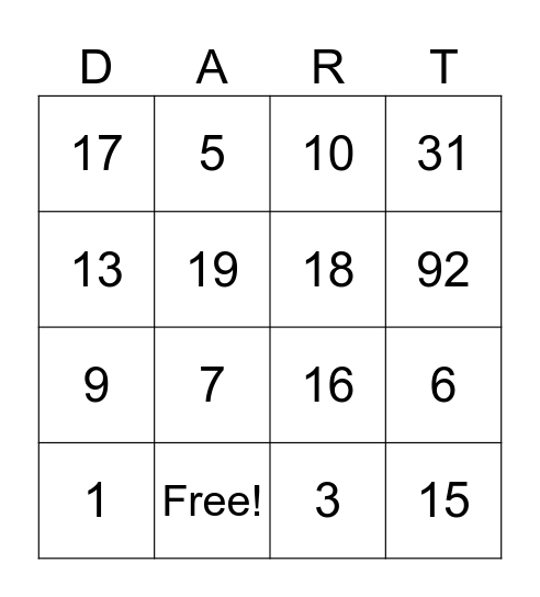 Dart Bingo Card