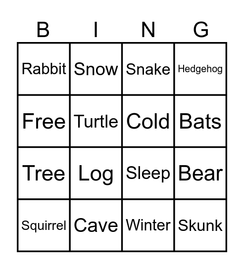 Sleeping Winter Animals Bingo Card